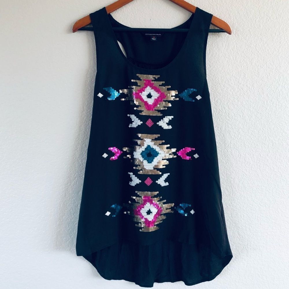 Rock & Republic Sequin Embellished Tribal Aztec Black Sleeveless Top XS